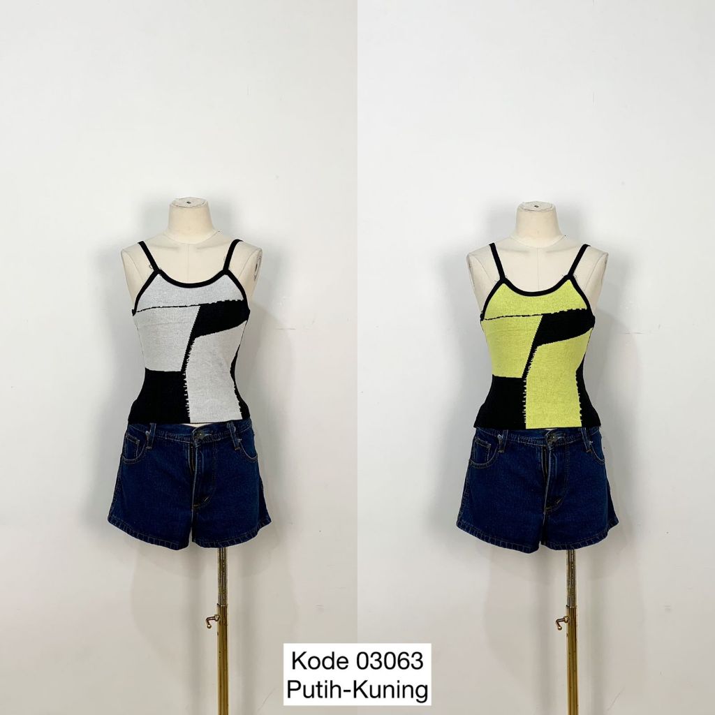 03063 TANKTOP RAJUT SATU TALI MOTIF ABTRAK DUAL COLOR YELLOW AND WHITE PREMIUM BASIC TANKTOP GYM WAN