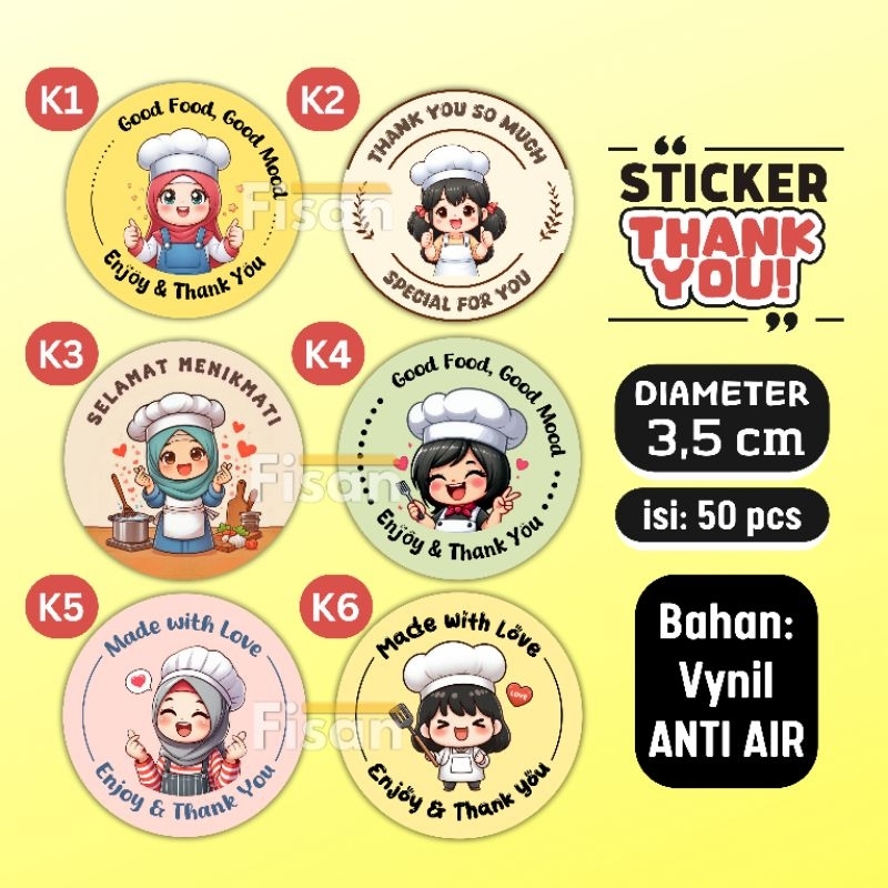 

50 Pcs Sticker Anti Air 3,5 cm Makanan Food Koki Chef Edition