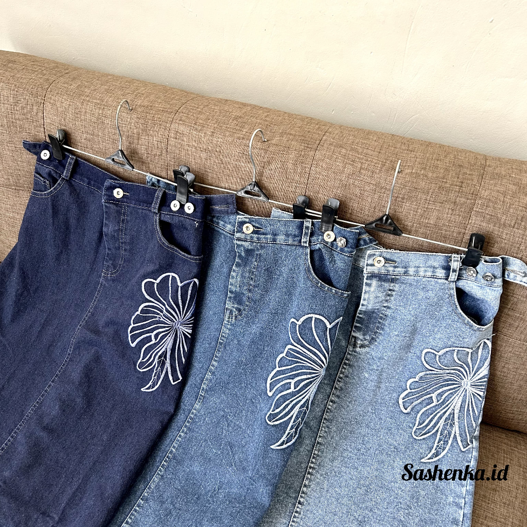 SASH- Valen Rok Jeans Bordir Bigsize Rok Span Jeans Bordir Bunga Wanita Jumbo