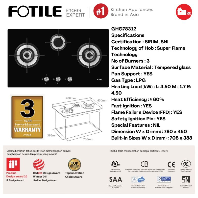 Kompor Tanam Fotile GHG78312 Gas Hob 3 Tungku Kompor Gas Built In Hob GHG 78312