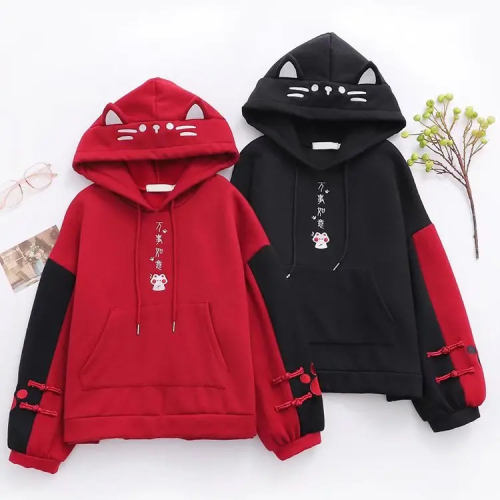 Lucky Cat Hoodie Sweater Jaket Kucing Kawaii Beruntung Jepang Korea Lucu Imut Neko