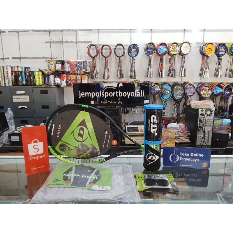 RAKET TENIS DUNLOP ELITE 270 G2 FREE GRIP DUNLOP GECKO, DUNLOP JACKET SAUNA, DUNLOP ATP CHAMPIONSHIP
