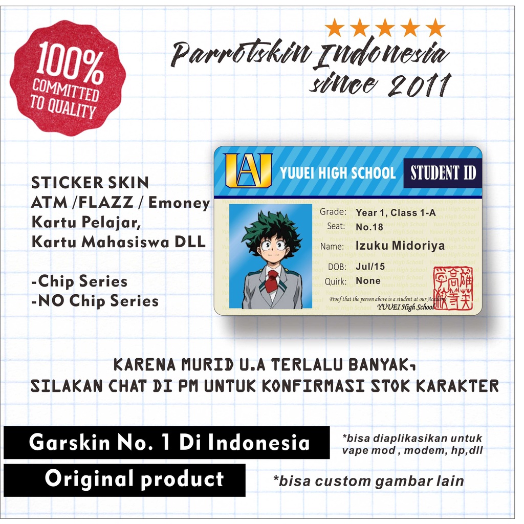 

DASYAT Sticker Skin Card Vinyl ATM Debit Credit Emoney Flazz My Hero Academia student ID card