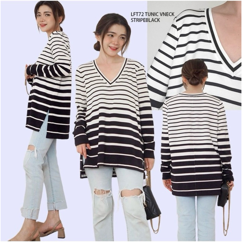 Kaos / tunik wanita lengan panjang motif garis hitam putih brand LOFT Original