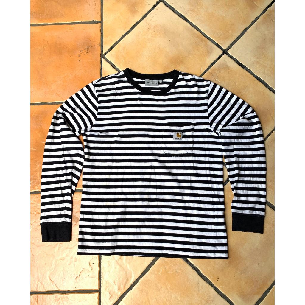 Carhartt L/S Parker Pocket T-Shirt Kaos Salur Lengan Panjang Hitam Putih Size S