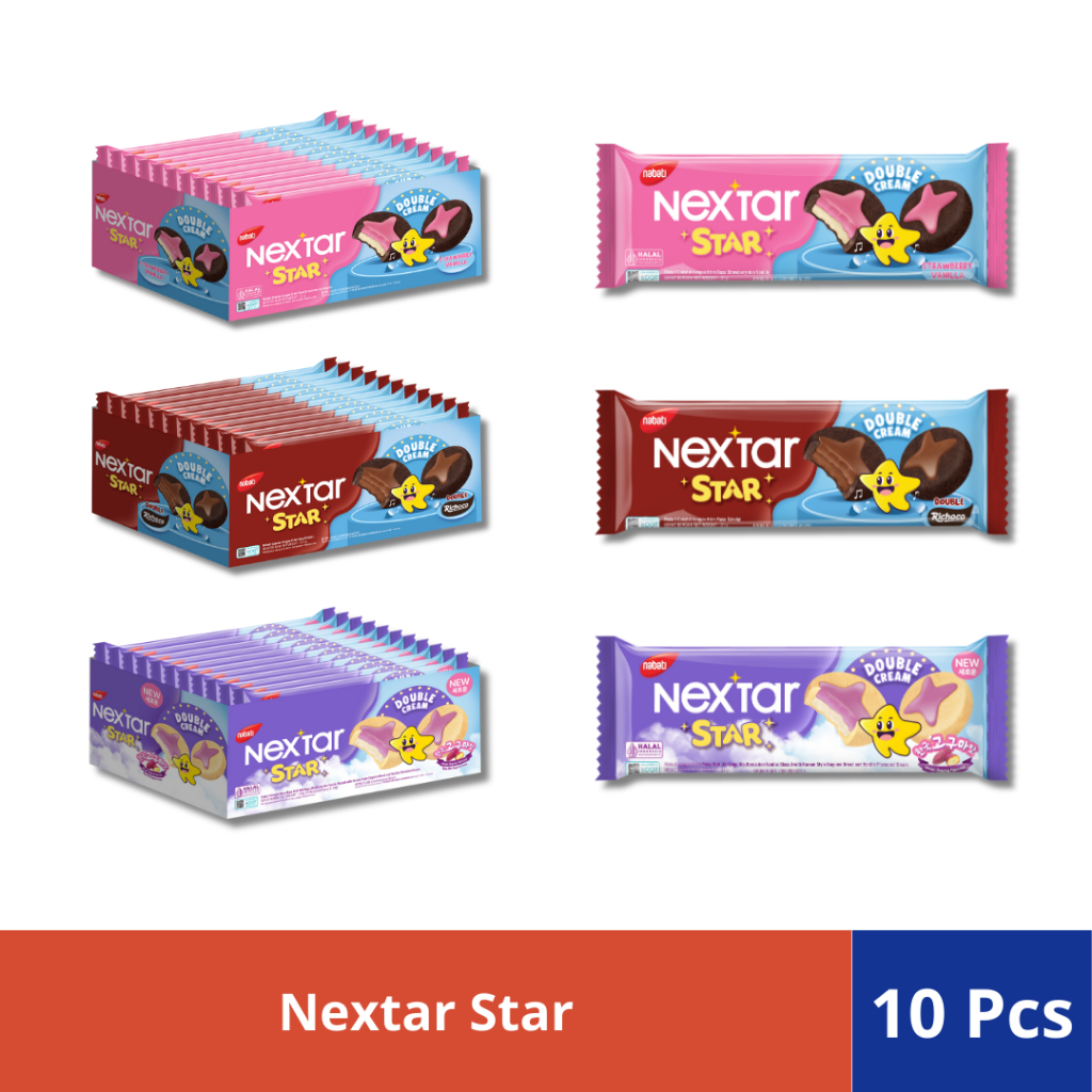 

Nabati Nextar Star Biskuit Double Cream 1 Box x 10 Pcs (Cokelat, Strawberry Vanilla, Goguma)