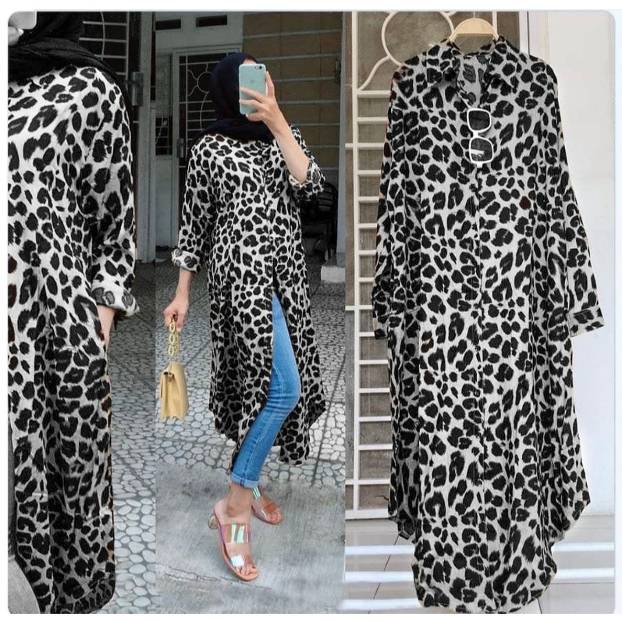 Tunik panjang wanita leopard adem bermotif dress macan widya