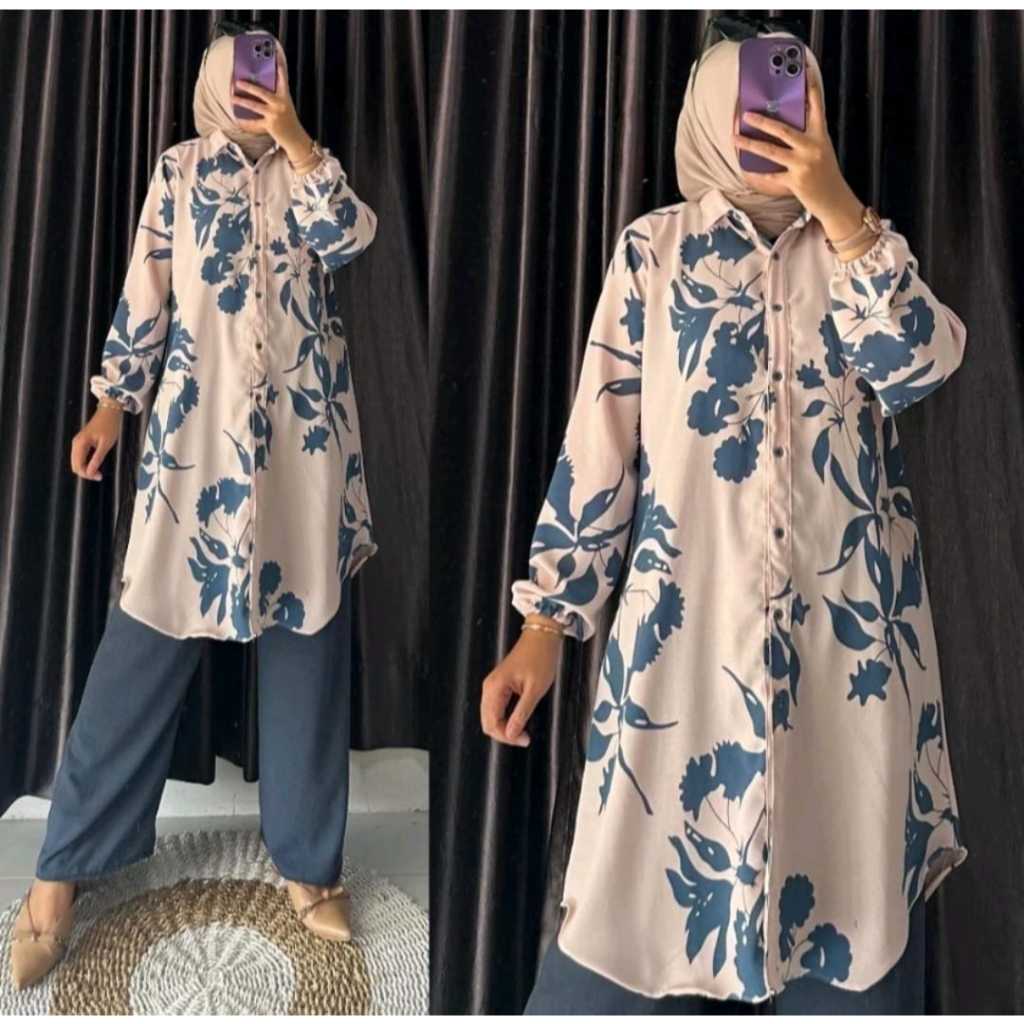 MUNNA TUNIK SET CELANA / Setelan Tunik Wanita Motif Bunga Panjang Muslim