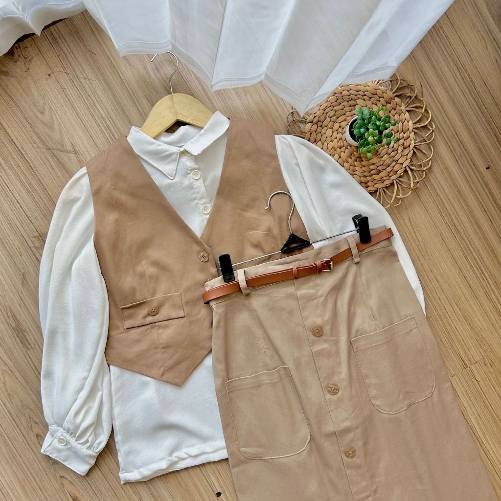 SASH - One Set Lena Vest dan Long Skirt Button Wanita Bigsize Korean Style