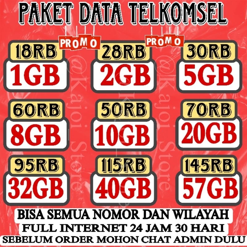 Paket Data Telkomsel Semua Zona Promo 1Gb 2Gb 4Gb 5Gb 10Gb 30Gb 50GB  Full 24 Jam Masa Aktif 30 Hari