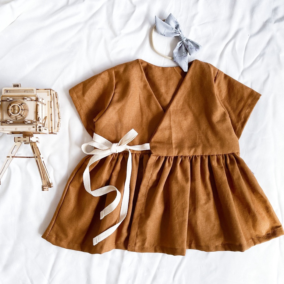 YUI atasan anak perempuan blus kimono lengan pendek linen rami