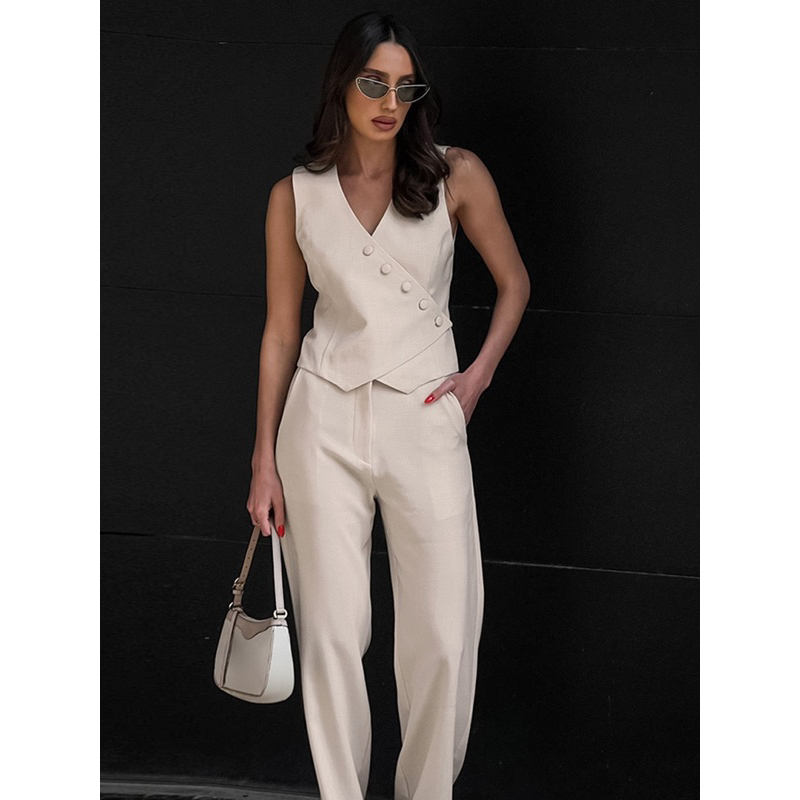 Melin Set White Vest & Trousers , Satu Set Atasan dan celana Wanita formal Blazer Vest Rompi wanita