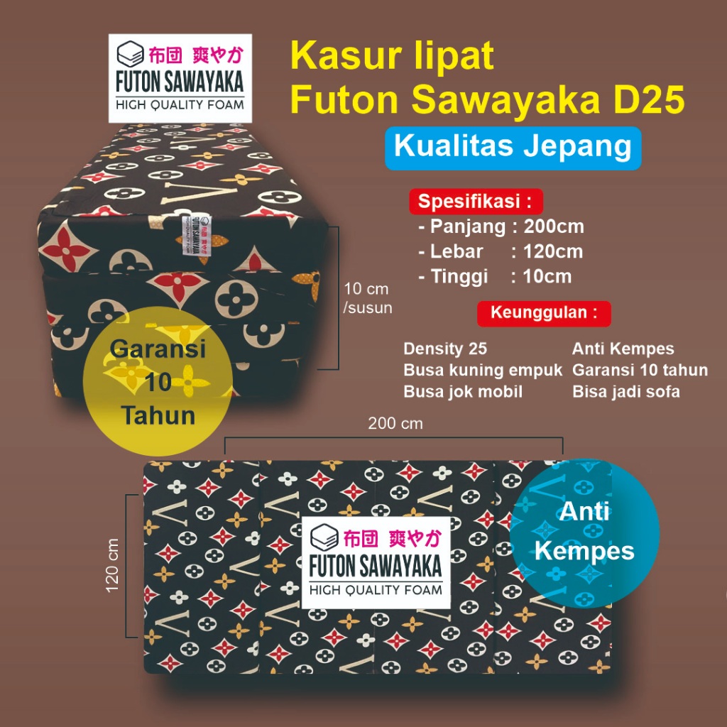 Kasur lipat Futon Sawayaka D25. lebar 120cm, panjang 200cm, tebal 10cm