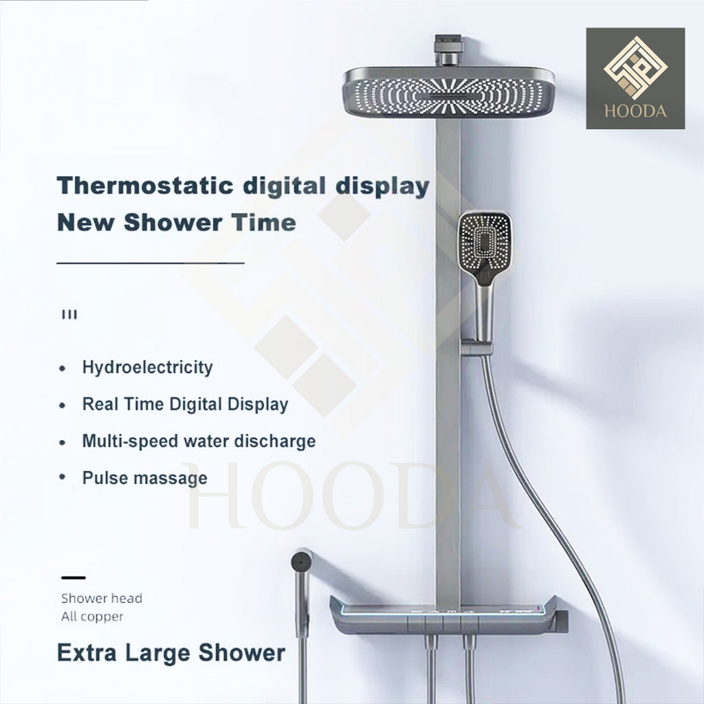 LED Digital Tiang Shower Column Thermostatic Panas Dingin Gun Grey / Keran Air Shower Piano 4 in 1 K