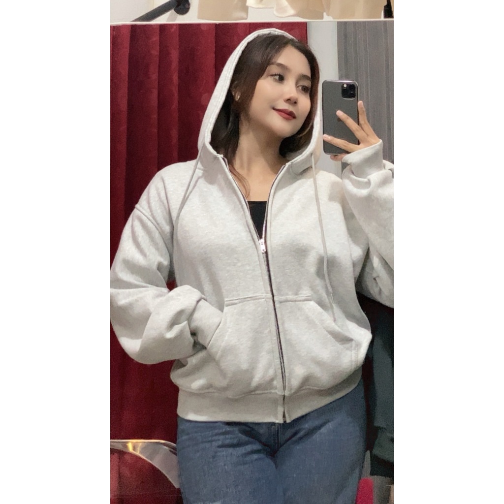 FREE ONGKIR ZIPPER BOXY OVERSIZE BASIC POLOS LENGAN BALON HOODIE ZIPPER WANITA SWEATER WANITA CROP