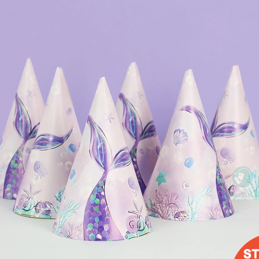 HJ6 6 Pcs Kertas Topi Ulang Tahun Ekor Putri Duyung Untuk Perlengkapan Dekorasi Pesta Ulang Tahun Te