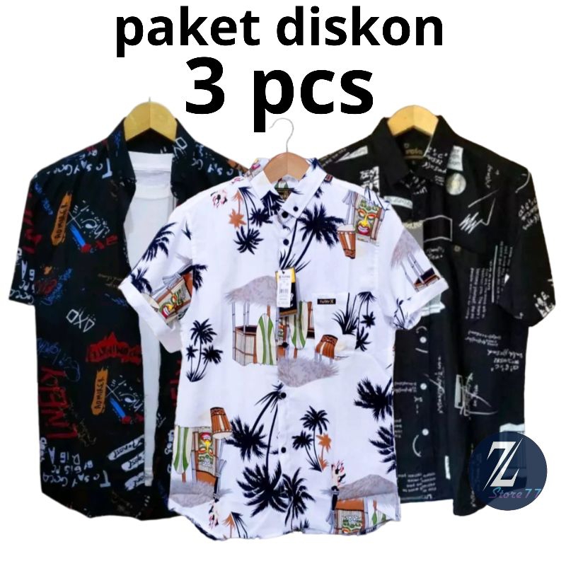 ORIGINAL PAKET 3 PCS KEMEJA MOTIF PANTAI,HEM MOTIF LENGAN PENDEK,BAJU SURFING PRIA ORIGINAL DISTRO