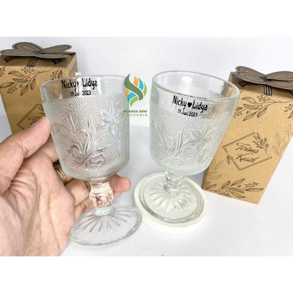 Souvenir Pernikahan Gelas Kaki Bunga Cangkir Tangkai Kaca Minum Mug Wine Stemware Gelas Sablon