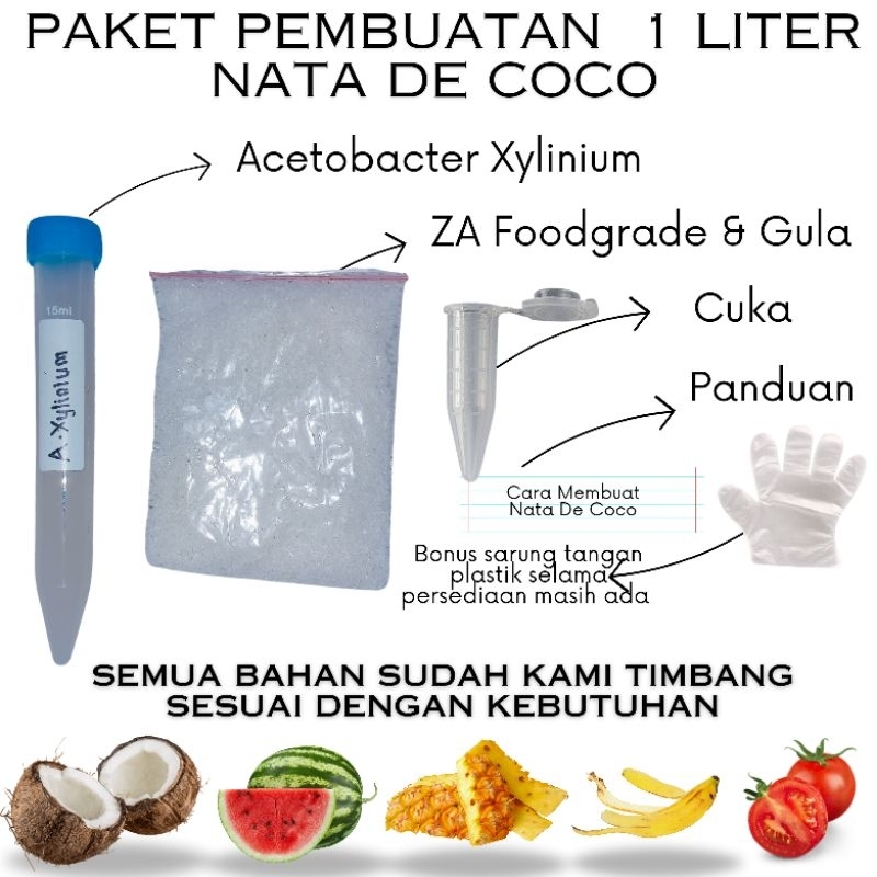

Paket ZA Foodgrade , starter, cuka, gula untuk pembuatan 1 liter Nata De Coco / Nata De Pina / nata De watermelon / nata De tomato / nata De banana- Acetobacter Xylinium