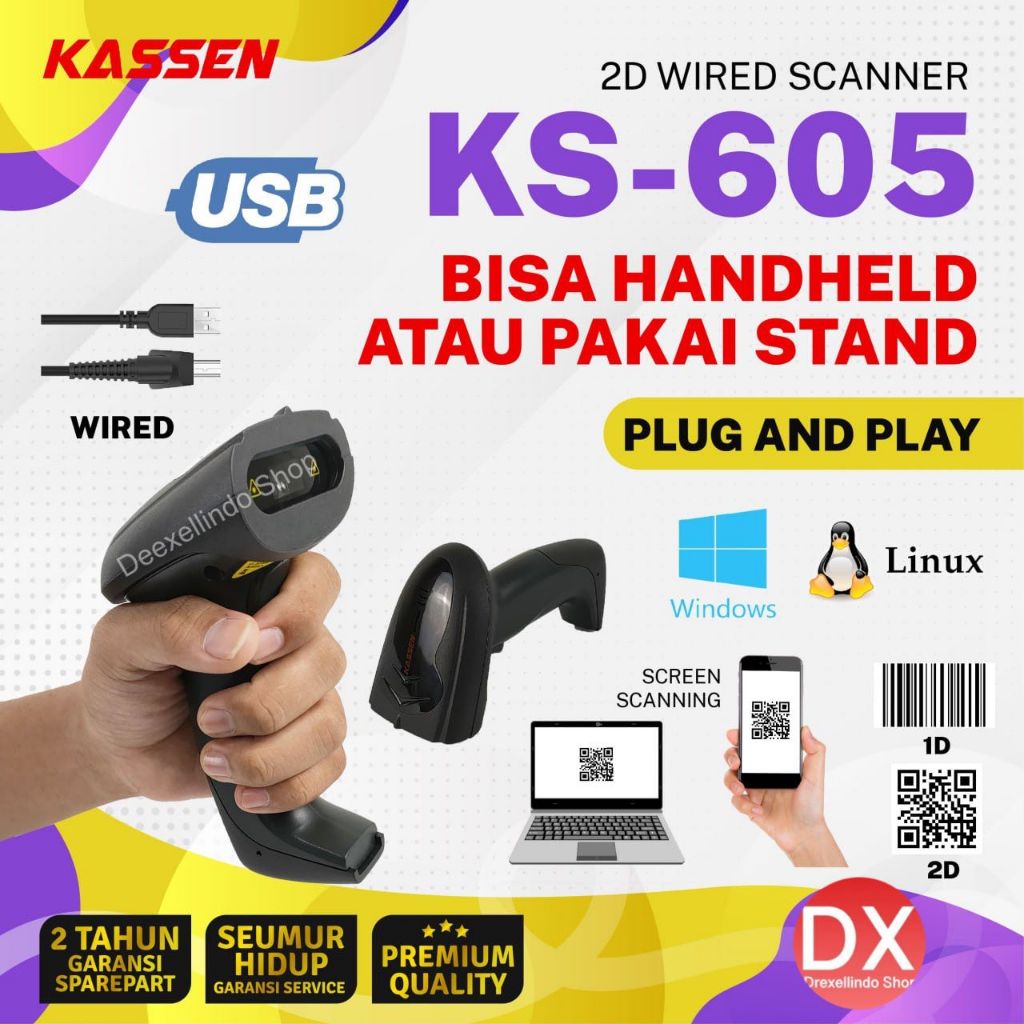 BARCODE SCANNER 2D KASSEN KS-605 / KS605 / 605 USB With Stand