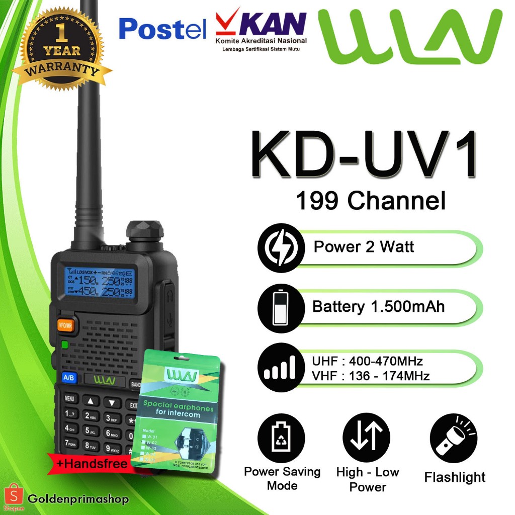 PAKET HANDSFREE HT WLN KD-UV1 DUAL BAND (UHF,VHF) DAYA 5 WATT