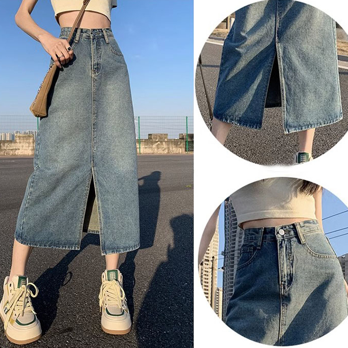 KeyGirl Rok Jeans Wanita Split Rok Jeans Wanita A-Line Rok Jeans Wanita Highwaist Korean Style Rok m