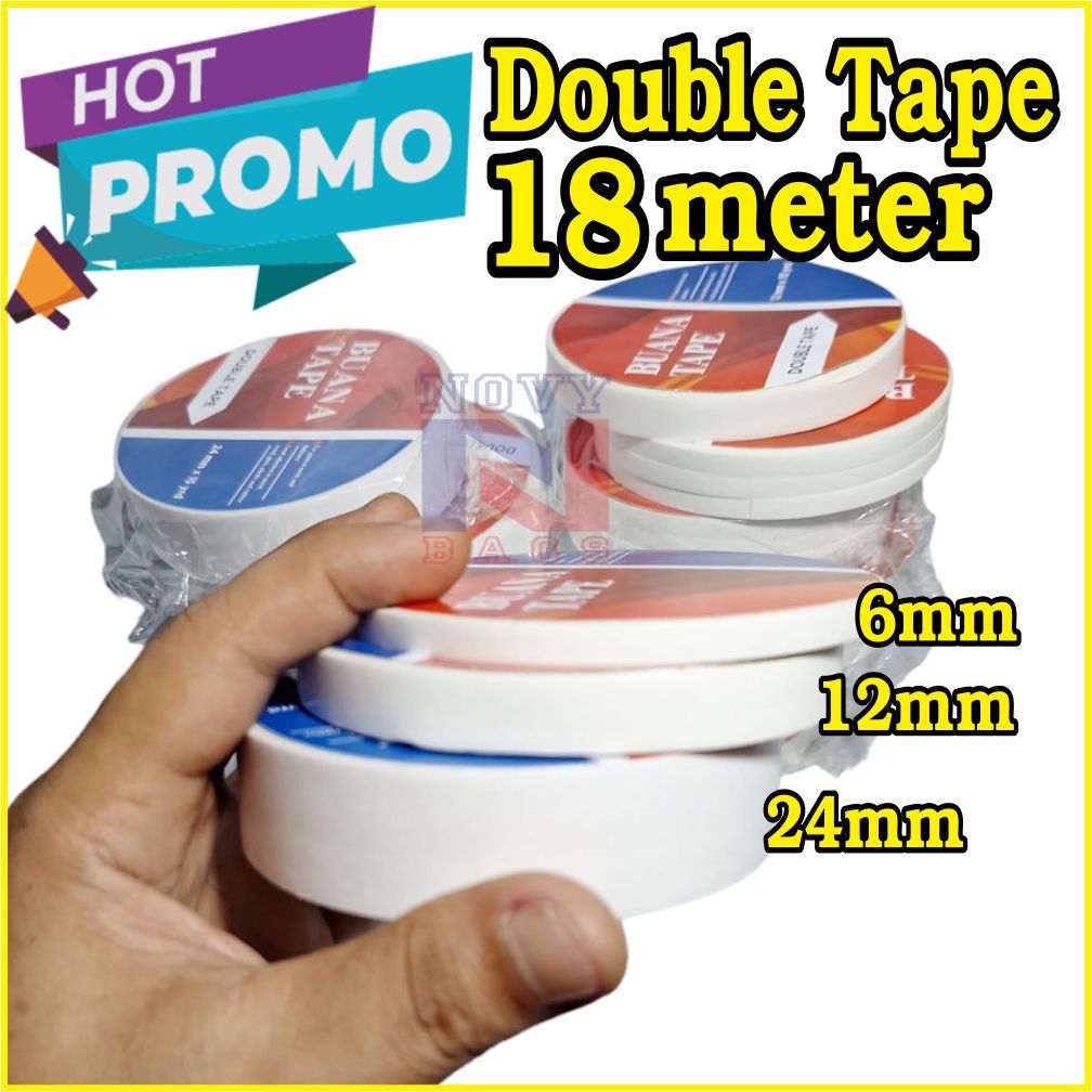 

Double Tape Kertas Dobel Tape Perekat 6 mm, 12 mm, 24 mm super Panjang 15 meter Full