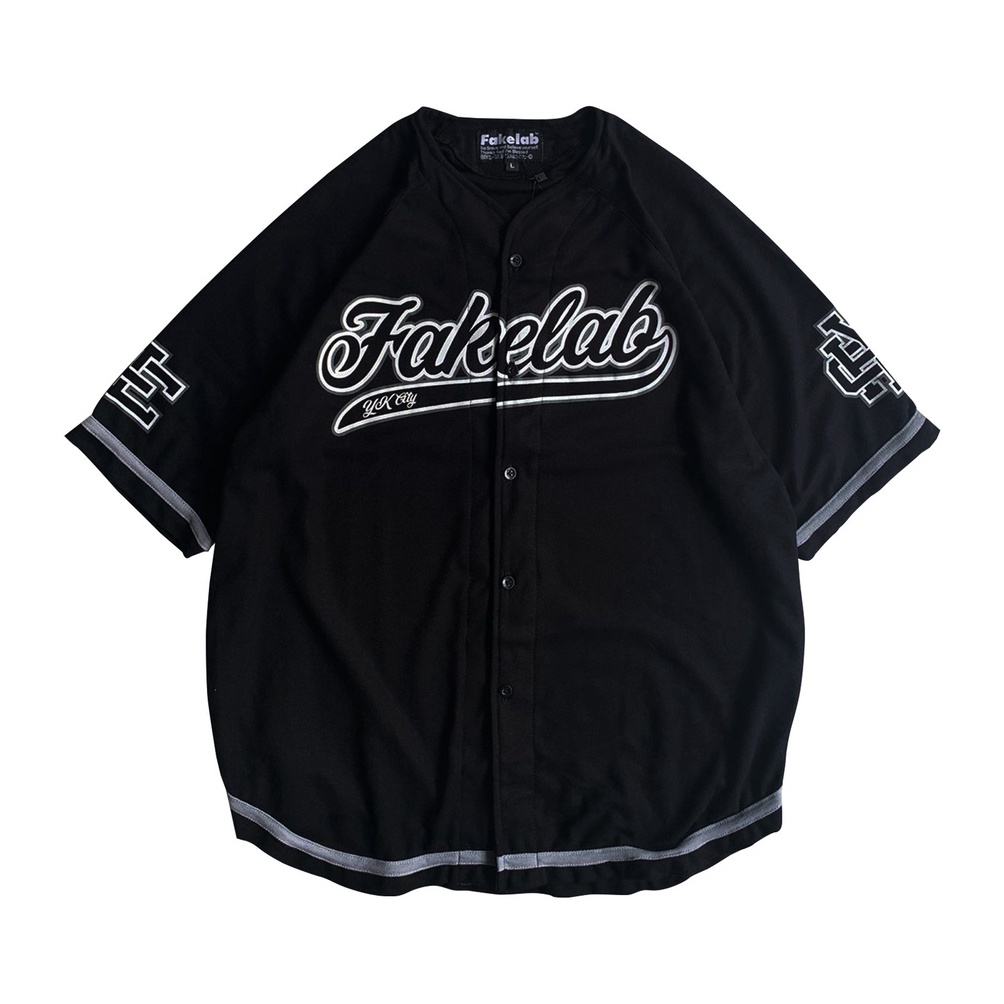 KODE D62H Fakelab Baseball Jersey Black  Hitam Oversize  Boxy  Unisex