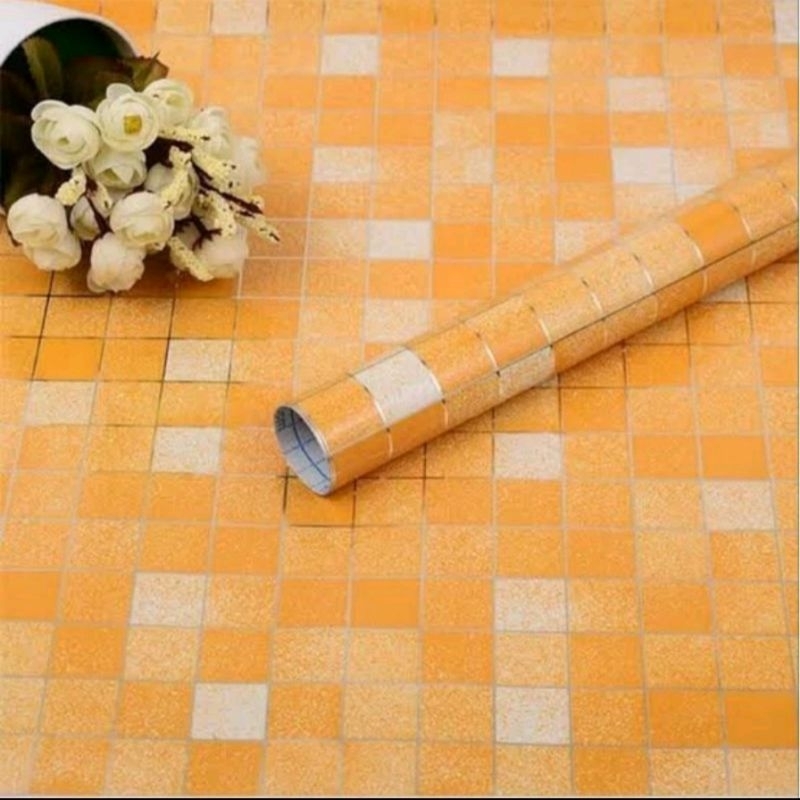 wallpaper dinding stiker kitchen set alumunium foil orange dekorasi dinding dapur