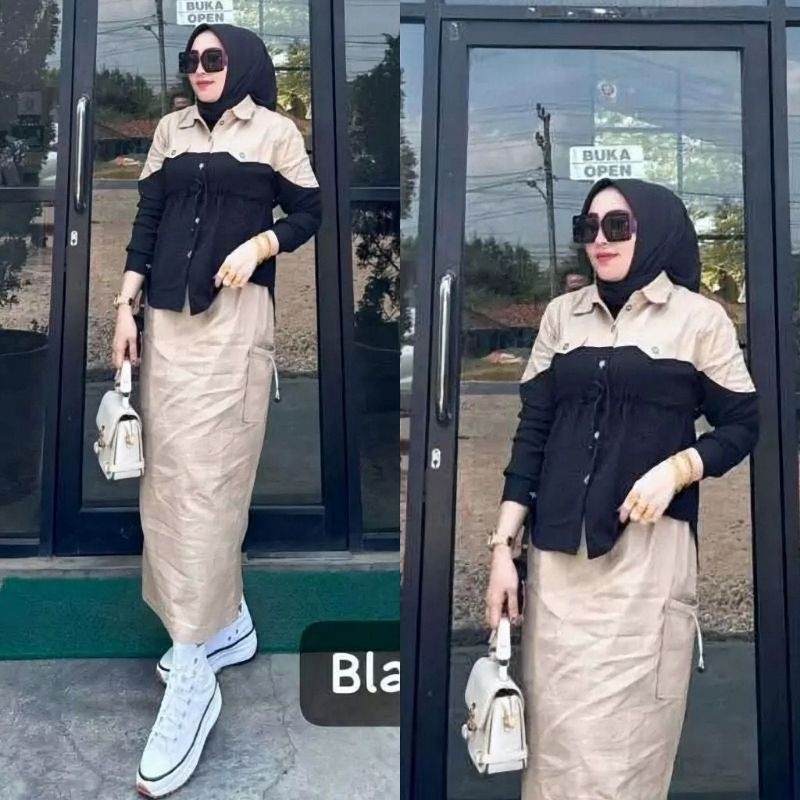 SETELAN WANITA ROK CARGO SIMPLE MUSLIMAH JUMBO ONESET ROK SERUT STYLIS HIJAB