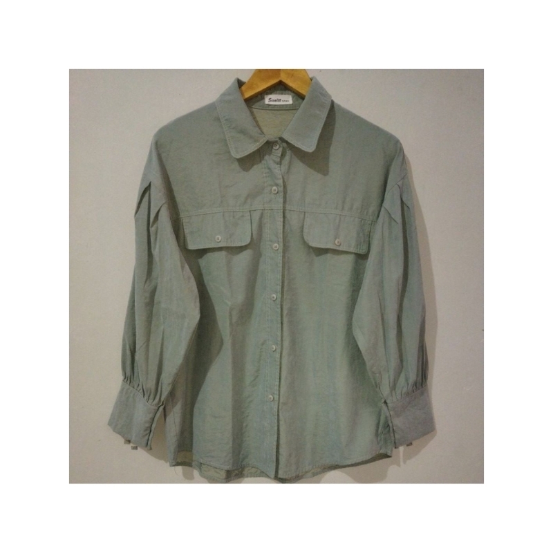 BLOUSE KEMEJA LENGAN PUFFY BALON WARNA SAGE GREEN MURAH