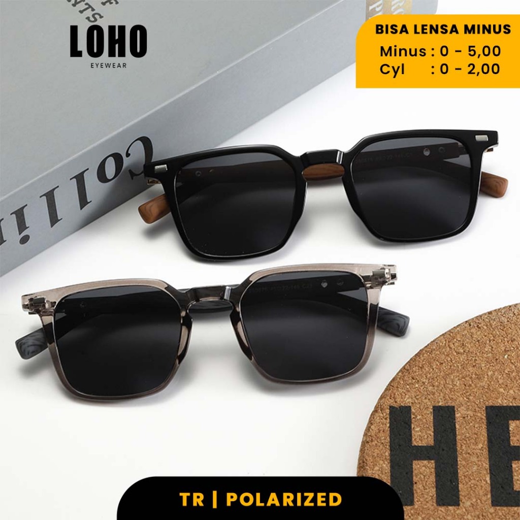 LOHO Kacamata Hitam Polarize Anti Uv 400 Motif Kayu Sunglasses Bisa Minus Frame Bentuk Wayfarer Fash