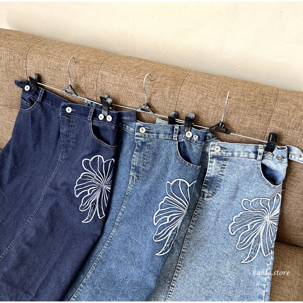 KAHLA - Valen Rok Jeans Bordir Flower Bigsize Rok Span Jeans Bordir Bunga