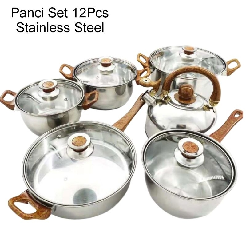 Panci 11Set Stainless Steel Isi 5 Panci 5 Tutup Kaca Dan 1Pcs Teko bunyi