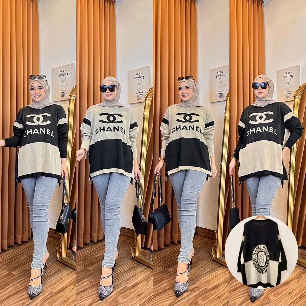 COD // CHANEL TOP SWEATER RAJUT IMPORT KEKINIAN ATASAN RAJUT TEBAL REALPICT