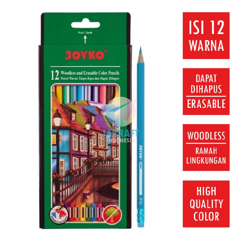 

SPESIAL DISKON 12 Pcs Pensil Warna 12 Warna Panjang Bisa Dihapus JOYKO Erasable Color Pencil CP19 High Quality