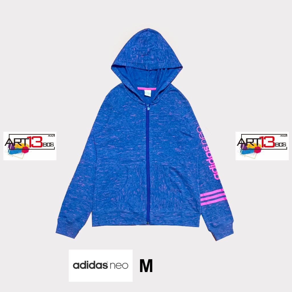 Hoodie zipper Adidas Neo Spellout biru motif