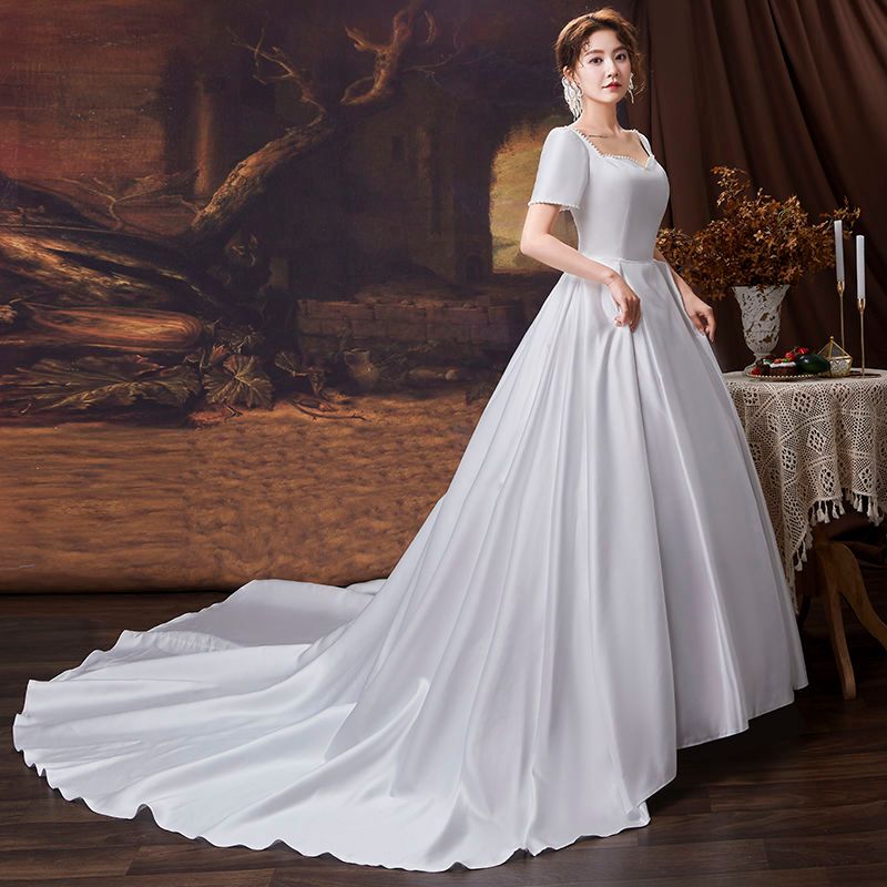 wanita gaun pengantin Gaun pesta putih Ekor Panjang Lengan pendek White Satin Long Tail Wedding Dres
