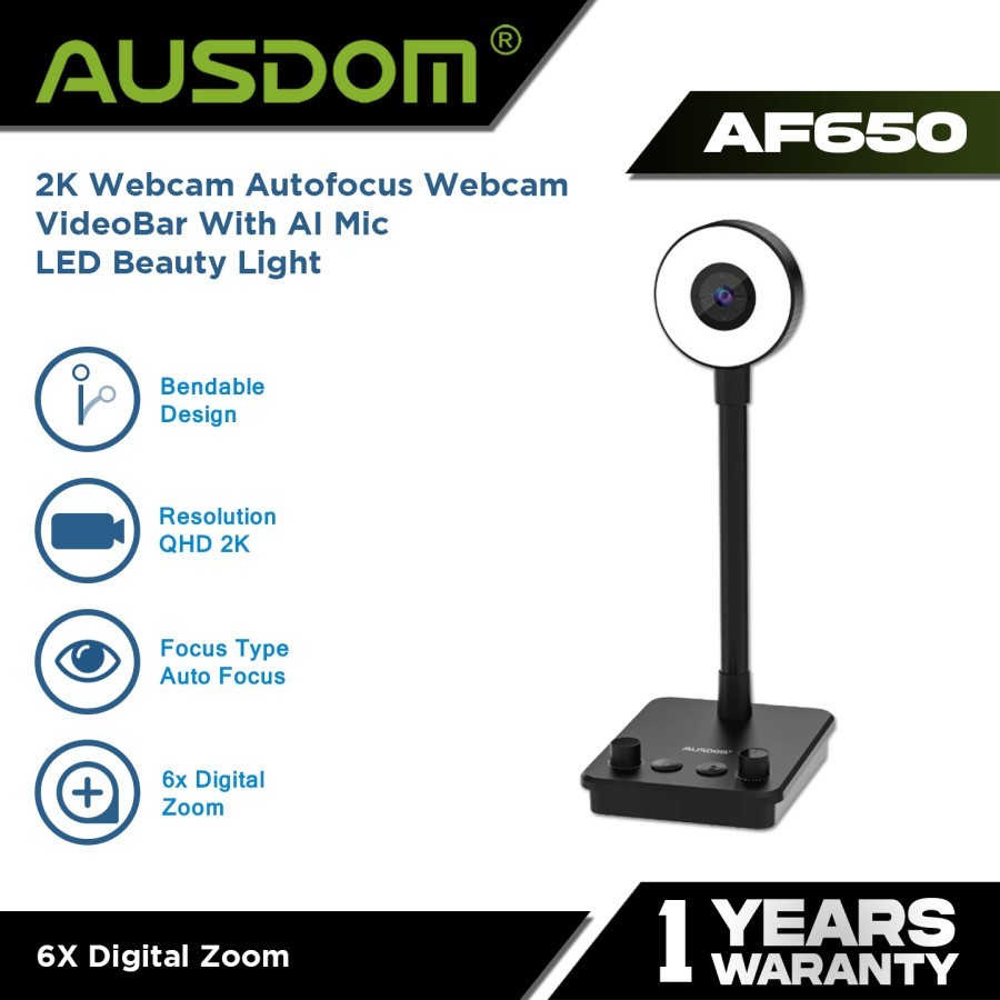 AUSDOM AF650 2K Webcam Autofocus VideoBar dengan AI Mic dan LED Beauty Light, Rotate 6X Zoom USB