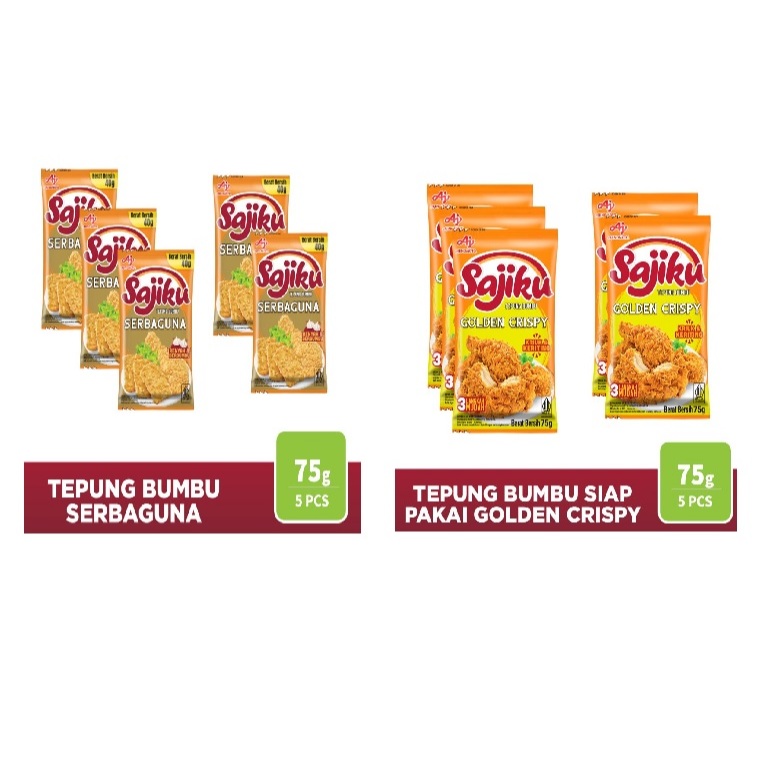 

SAJIKU Tepung bumbu Golden crispy Sachet 75g (5 pcs) / SAJIKU Tepung bumbu Serbaguna Sachet 75g (5 pcs)