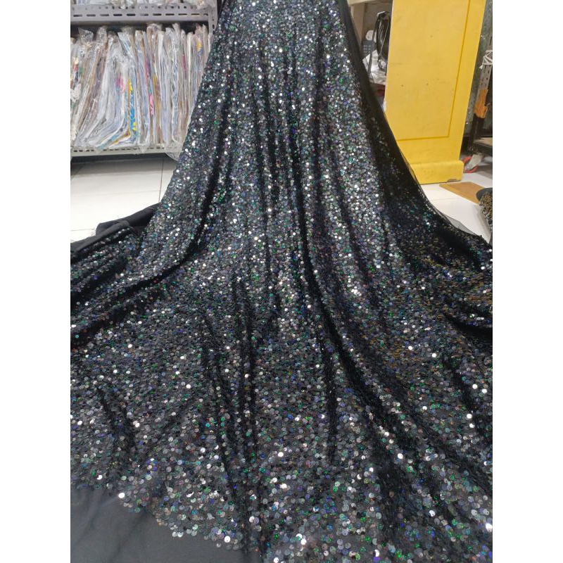 Bahan/kain sequin hitam pelangi premium