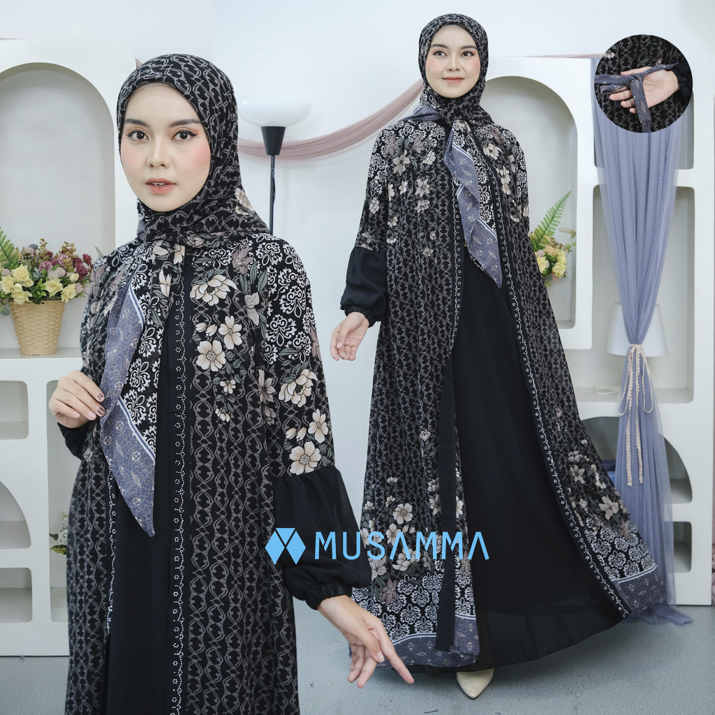 AMANDA DRESS - Gamis Ceruty Mix Ceruty Print Full Furing Busui dan Wudhu Friendly Kerudung Segi Empa