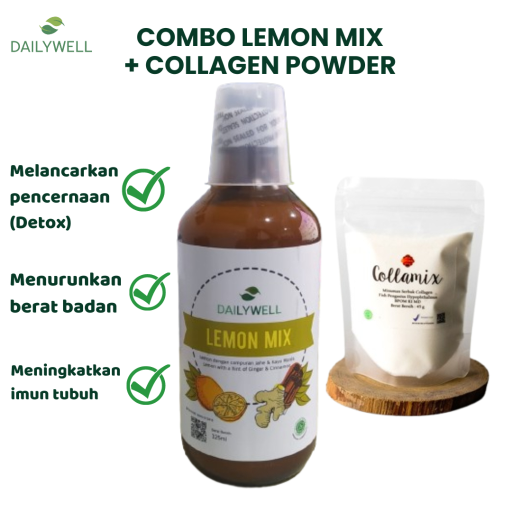 

Dailywell Combo Hemat Lemon Mix & Ozora Collagen Powder [Minuman Herbal Campuran Sari Lemon, Jahe dan Kayu Manis & Collagen Powder]