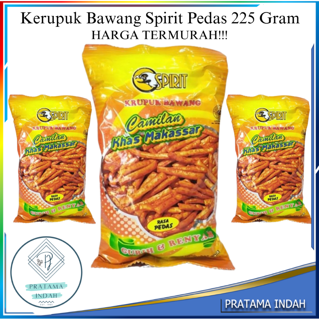 

KERUPUK BAWANG PEDAS 225 GRAM MEREK SPIRIT OLEH-OLEH KHAS MAKASSAR (HARGA GROSIR) TERMURAH!!!