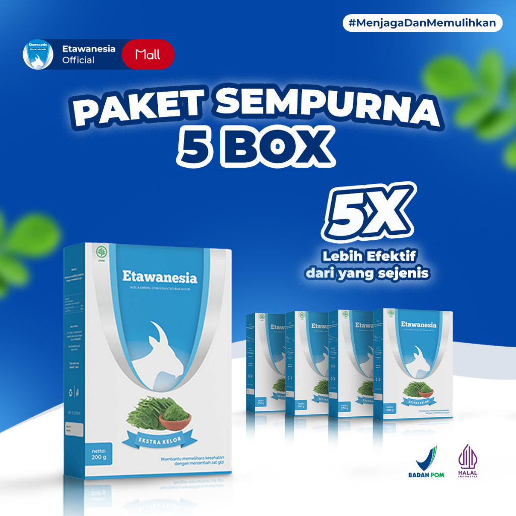 

PAKET 5 BOX Etawanesia Etawa Biru - Etawanesia Original Susu Kambing Etawa Platinum + Ekstrak Moringa Folium ( Ekstrak Daun Kelor ) + Krim Bubuk