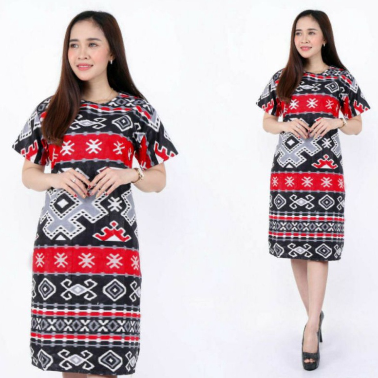 KODE Q92J BAJU DRESS WANITA MODERN MODEL TERBARU MOTIF BATIK LENGAN PENDEK DRESS NATAL