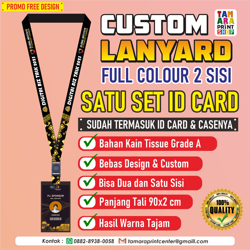 

SATU SET PAKET NAME TAG CETAK TALI LANYARD PRINT SUBLIM PRIMIUM TALI LANYARD + CASING BIASA + ID CARD COSTUM