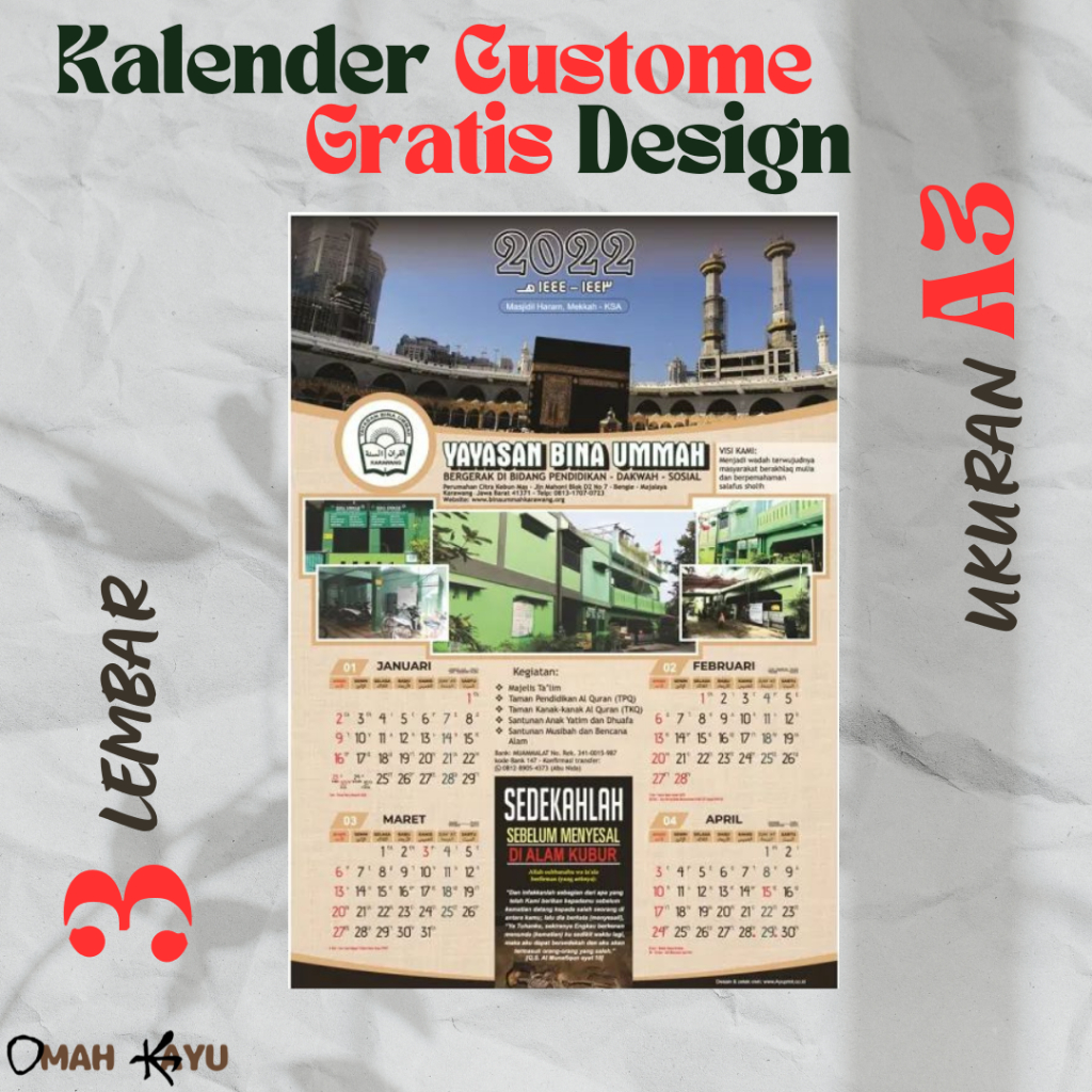 KALENDER CUSTOM 3 LEMBAR MURAH, A3 FINISHING JEPIT KALENG