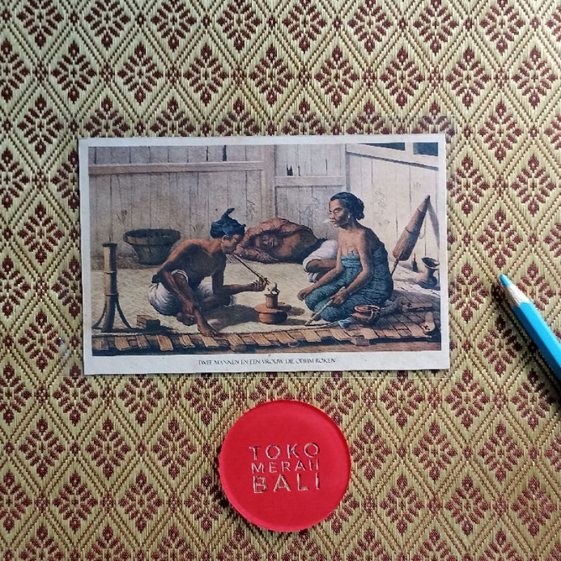 

Kartu pos antik pemadat merokok candu opium litograf lukisan Auguste van Pers, NOS PPC Royal Institute Tropenmuseum postcard kuno