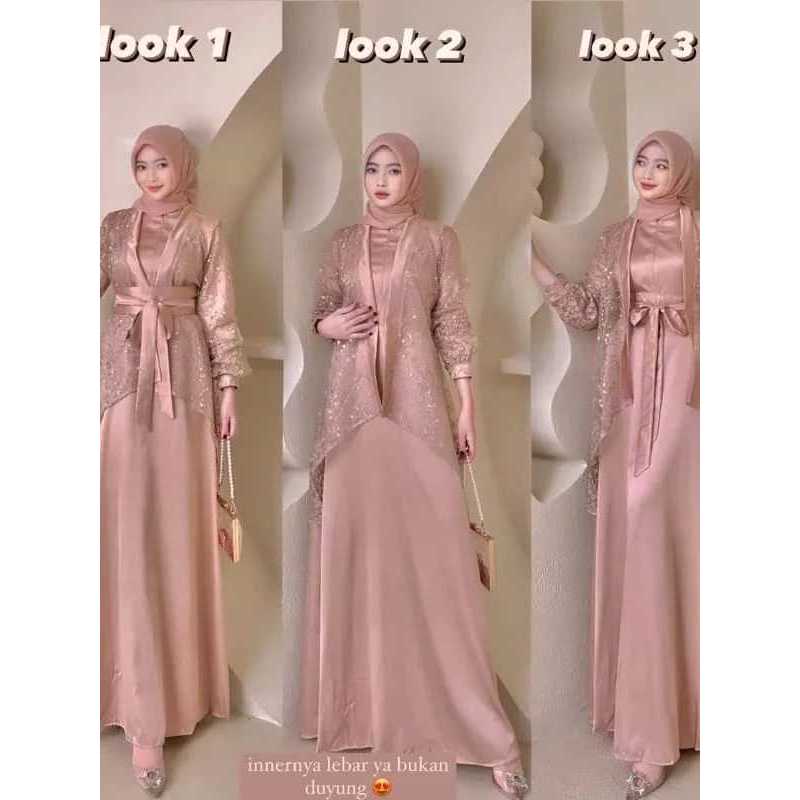 Veloxa Dress Fuji 3 In 1 Dress satu Set Inner Outer Kimono Queenbee Fashion Gamis Muslim Wanita Ikat